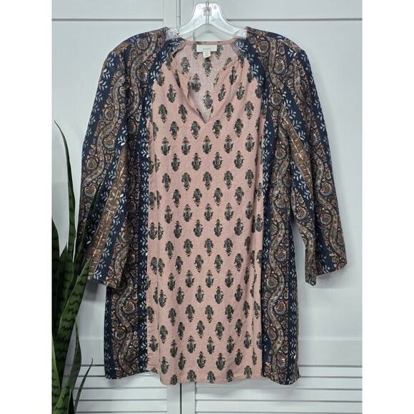 Pure Jill 3/4 Sleeve Folkloric Boho Mixed Print V neck Lightweight Cotton/ Linen - Picture 1 of 6